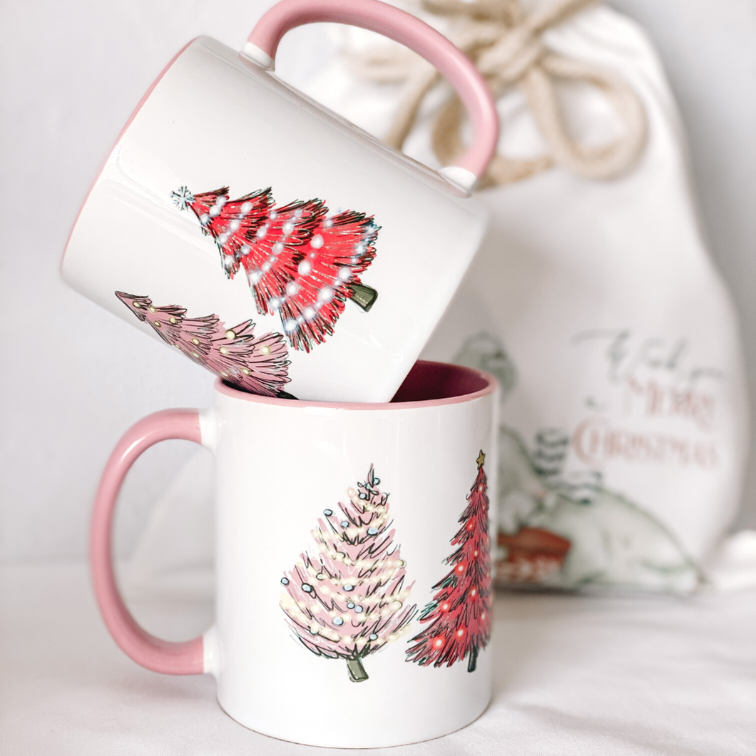 pink christmas tree mug